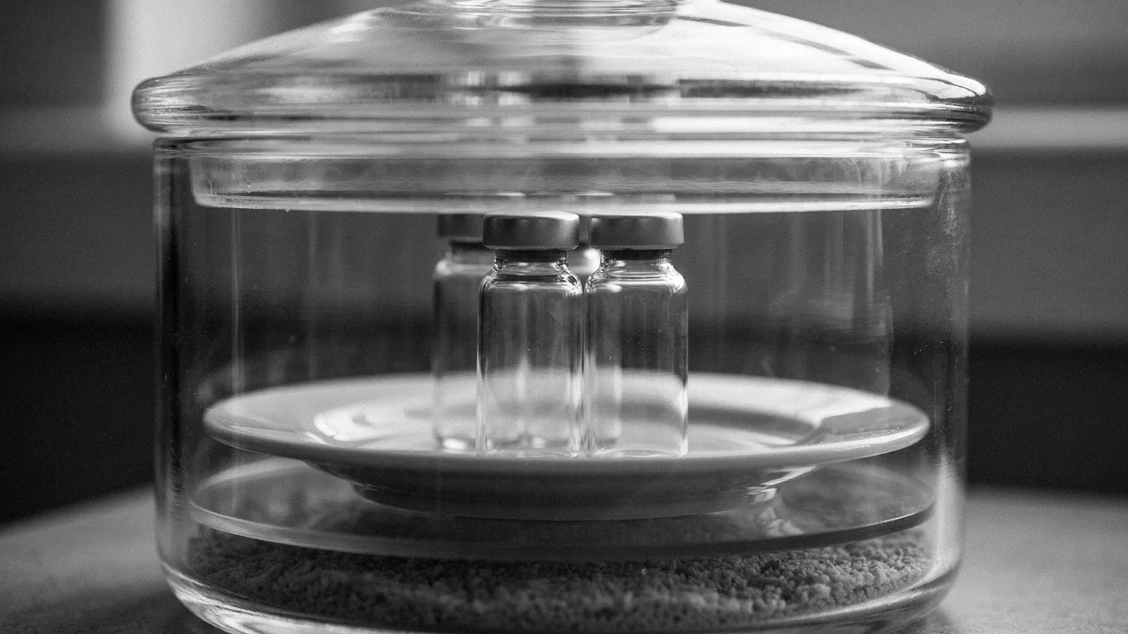 Glass desiccator on a bench, small clear vials on a porcelain plate above a layer of desiccant granules