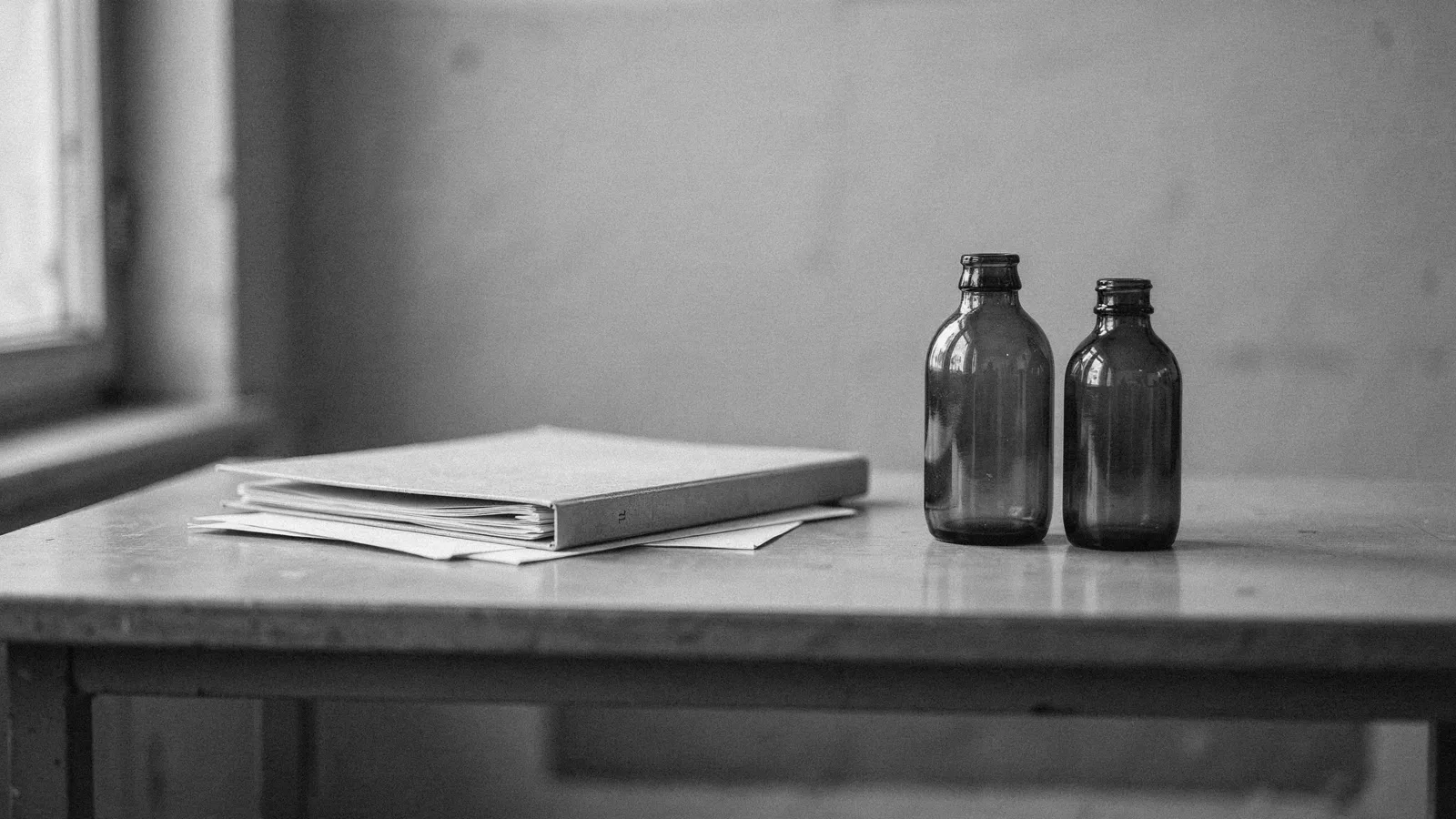 A closed gray folder and blank sheets of paper on a lab bench beside two amber glass bottles