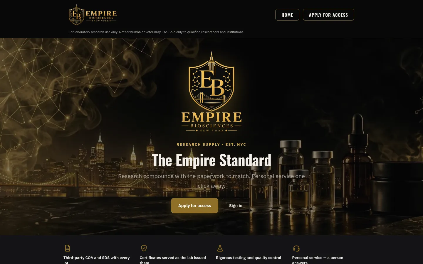 The public landing page of Empire Biosciences, a New York research reagent store