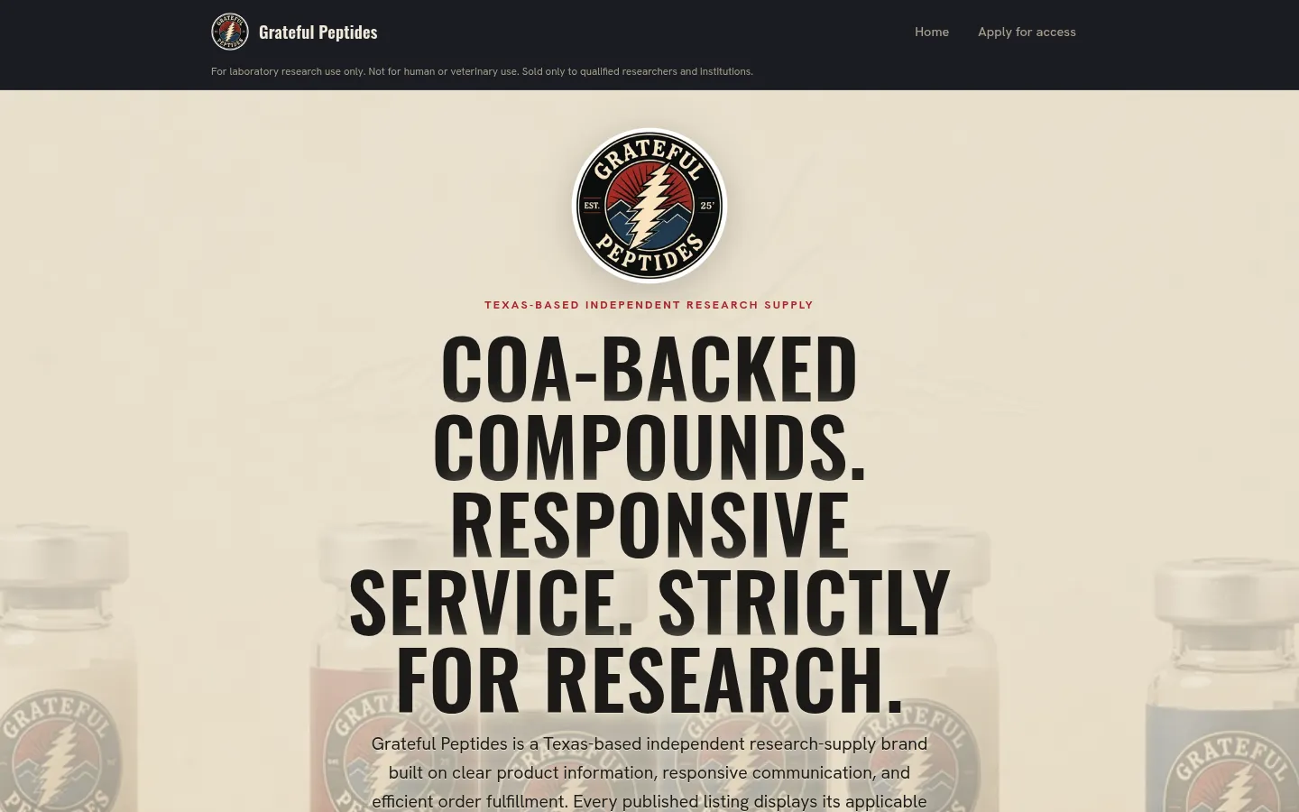 The public landing page of Grateful Peptides, a Texas research supply store